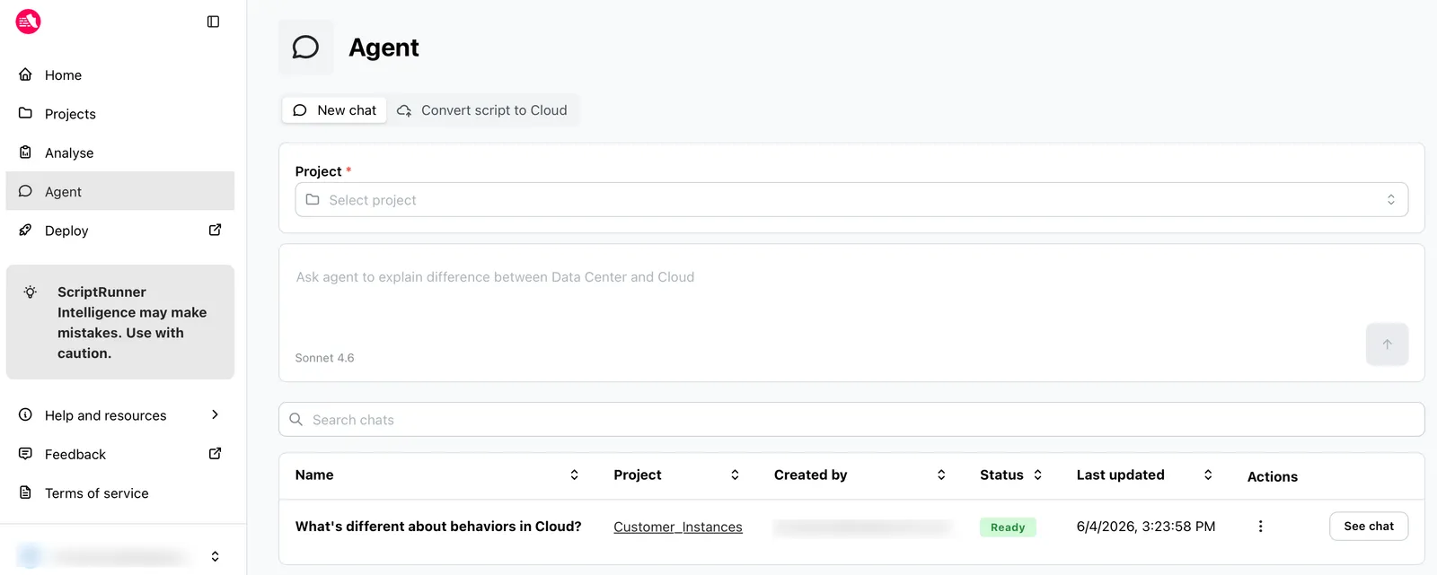 Agent page showing navigation sidebar with Agent tab selected