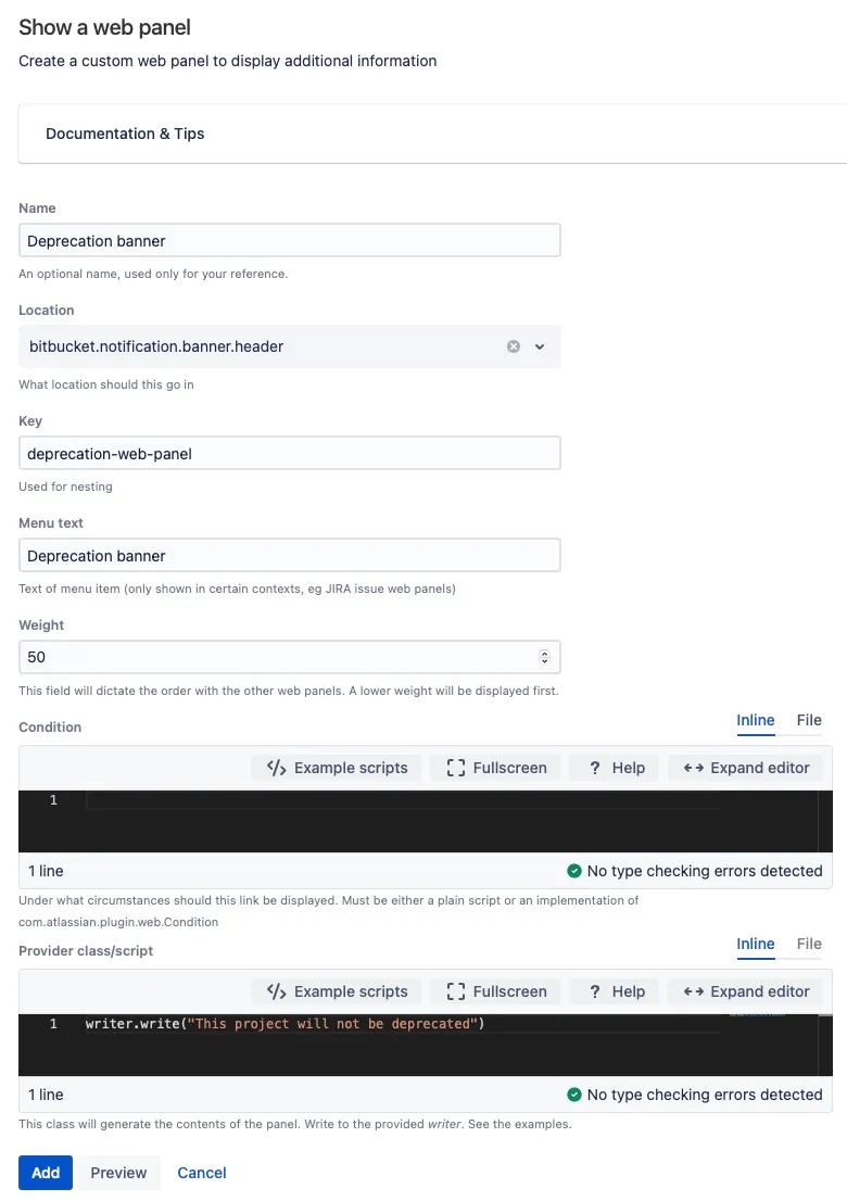 Form for configuring a deprecation web panel