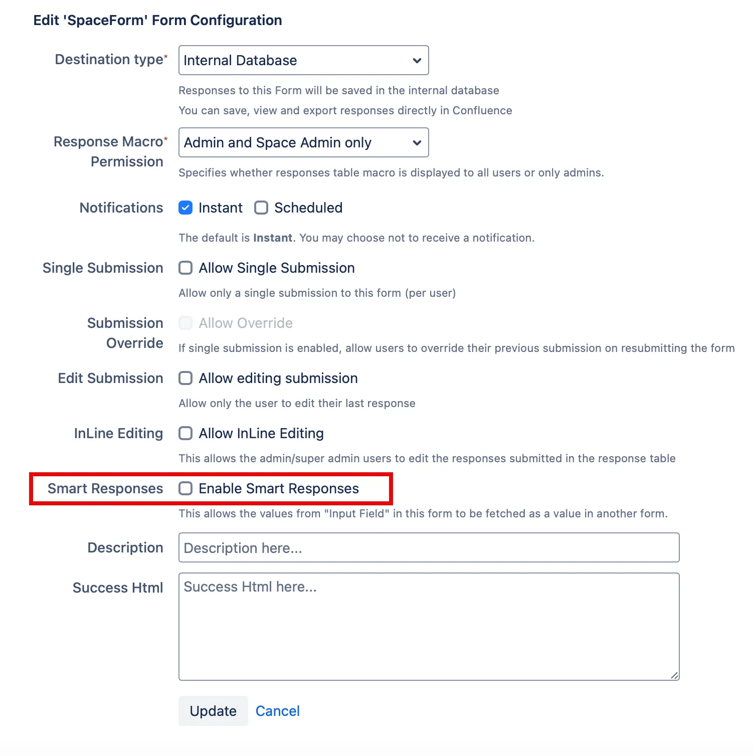 Smart Responses configuration panel in the Forms for Confluence app with options to enable and customize smart response settings.