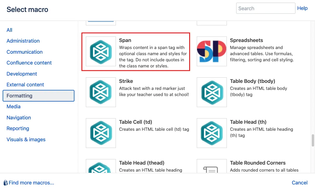 Macro Browser showing the Span macro selected