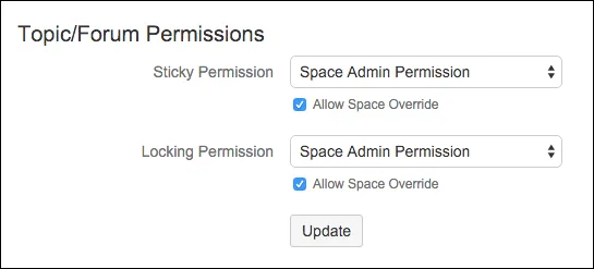 Configuration screen showing the Community Forums Configuration page with the Allow Space Override checkbox selected and the Update button highlighted.