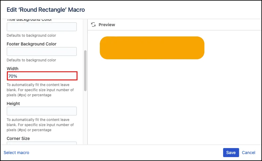 Round rectangle width set to 70% in the Width field