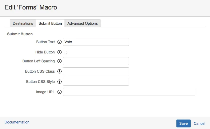 Forms macro configuration screen, Submit Button tab. The button label is set to Vote.