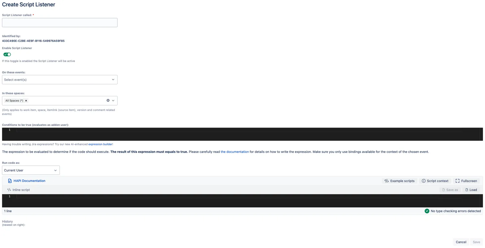 Create Script Listener configuration screen showing fields for name, enable/disable toggle, event selection, space selection, condition, run code as user, and script editor.