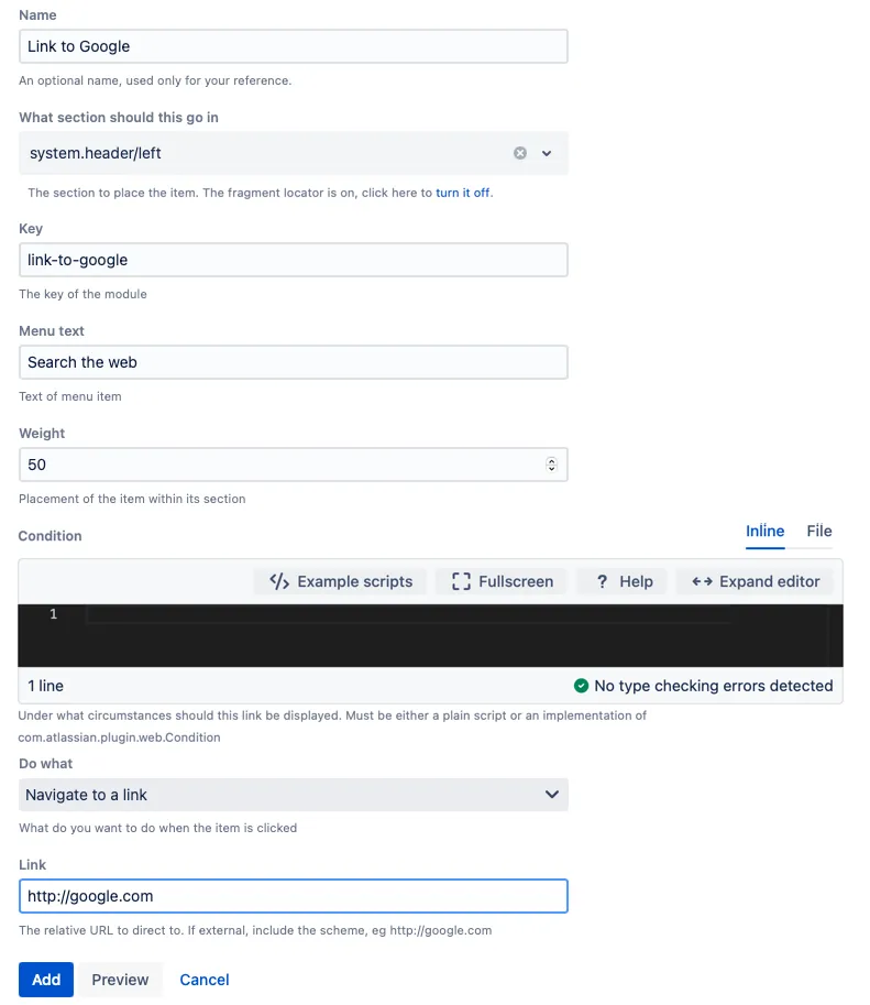 A Web item form with example configuration details.
