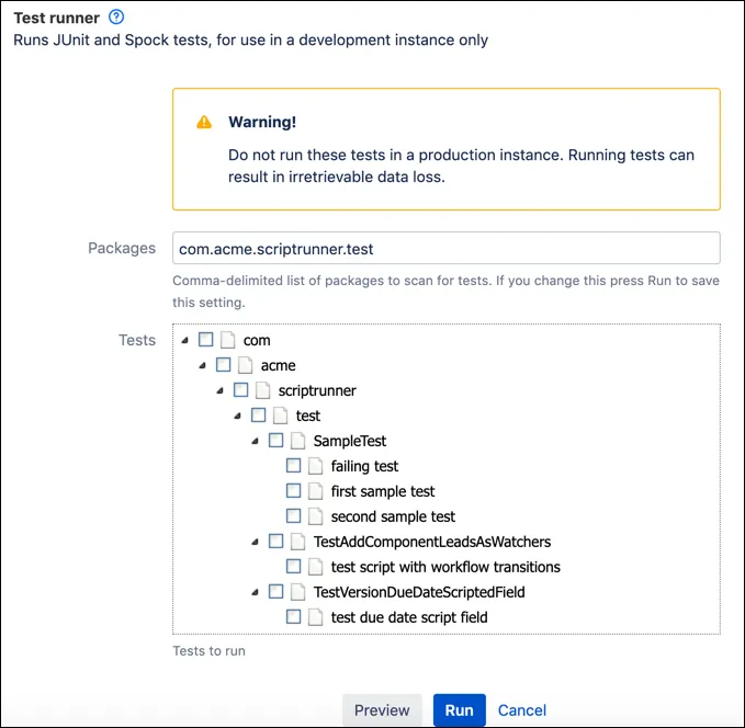 Test Runner built-in script screen showing the Built-in Scripts menu and Test Runner configuration options