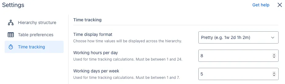 A screenshot showing the Time tracking settings in the Settings modal window.