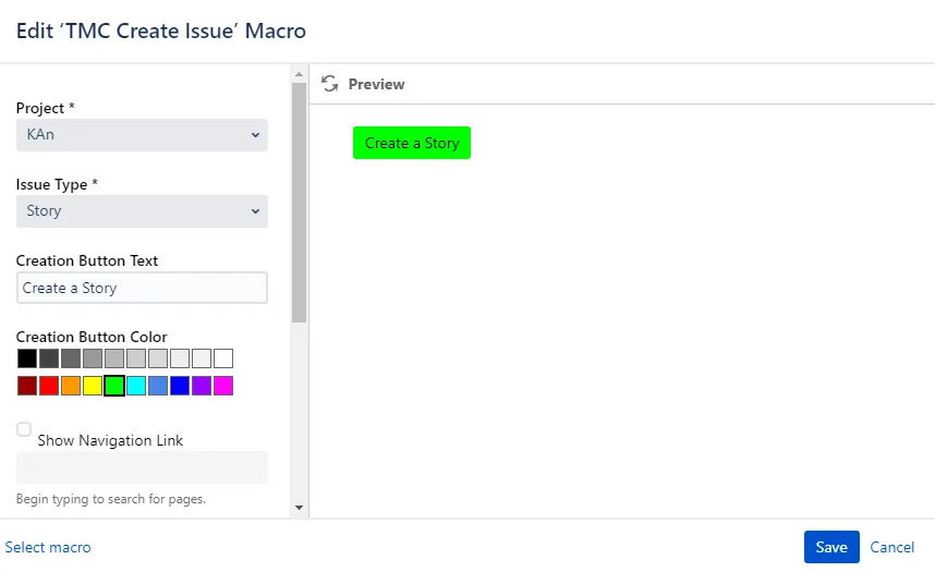Confluence page showing the TMC Create Issue macro configured with Issue type set to Story