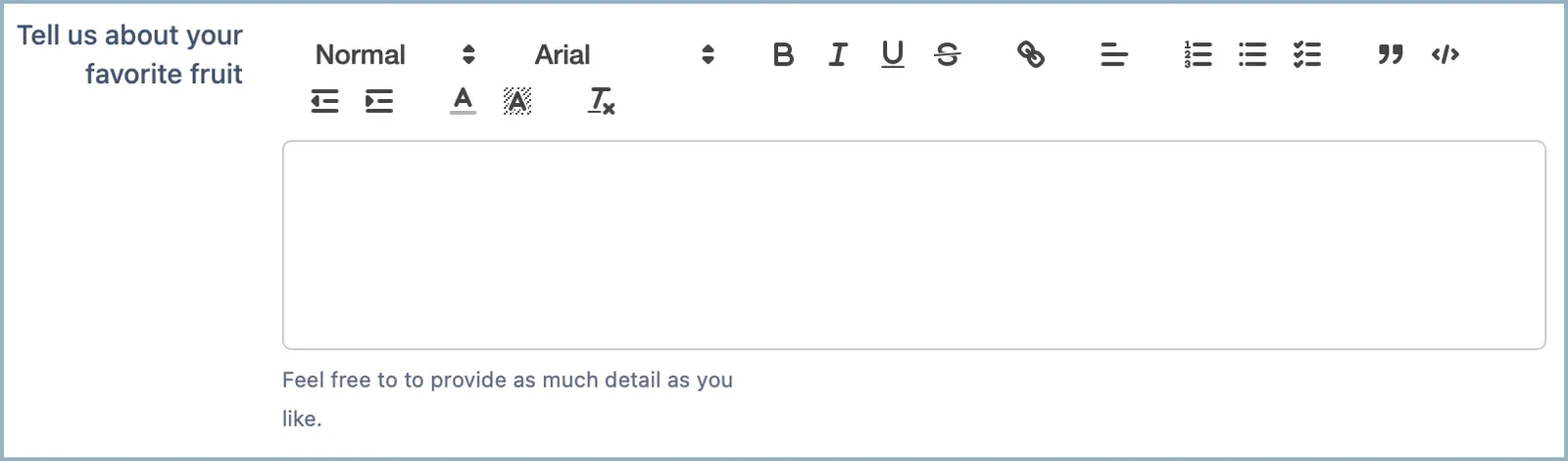 Form page showing a Textarea field where respondents can enter a longer, formatted text response.