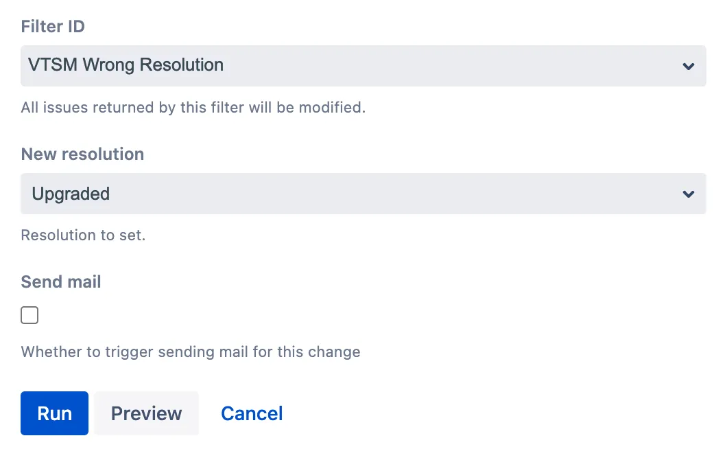 Example of the Bulk Fix Resolutions built-in script showing a filter ID for incorrectly resolved issues and the New Resolution field set to Upgraded.