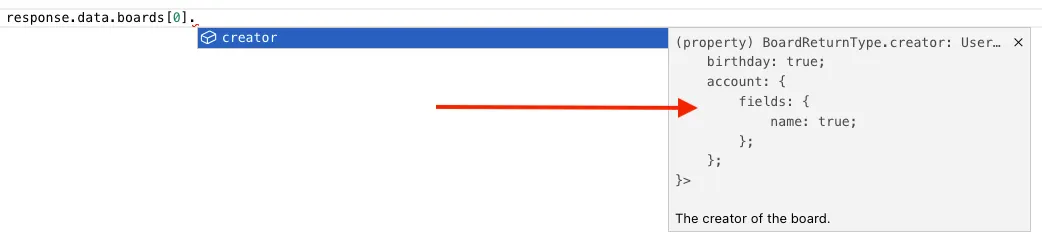 Tooltip showing JavaScript code snippet details the properties of a board creator, includes birthday and name fields with true values, highlighted by arrow.