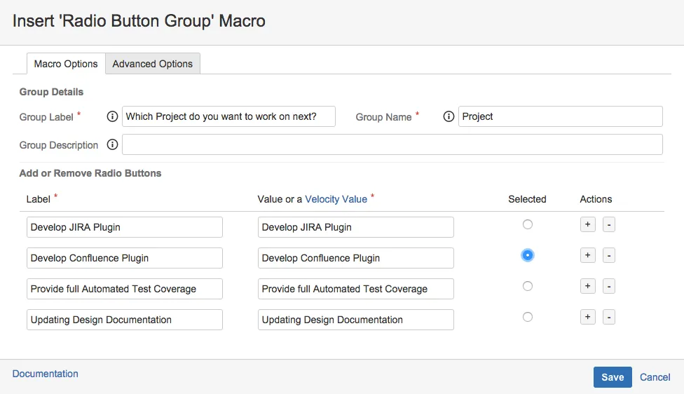 Radio Button Group macro configuration screen with example field inputs.