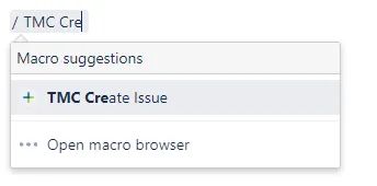Confluence macro browser showing the TMC Create Issue macro selected for insertion