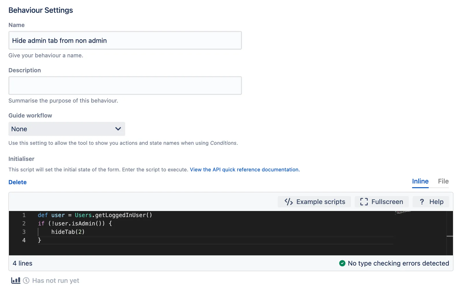 The inline script editor showing the hideTab script.