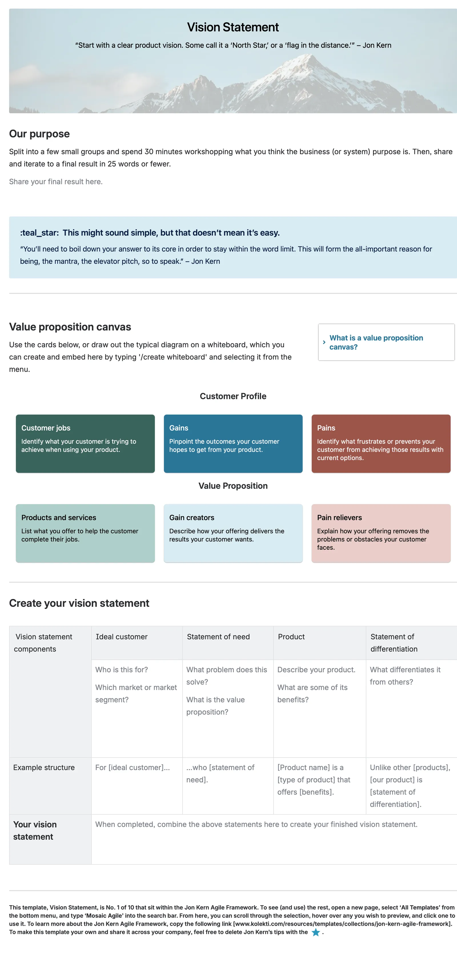 Published Agile vision statement template