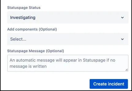 Jira issue view showing the Statuspage Status dropdown with Investigating selected as the default incident status