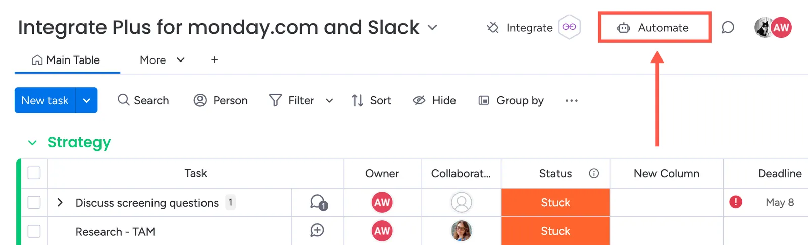 Automate button at the top of the page