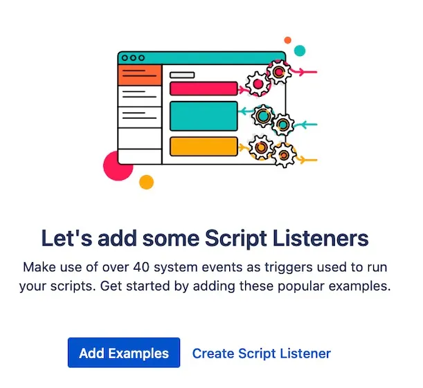 Script Listeners landing screen showing the Create Script Listener and Add Examples buttons.