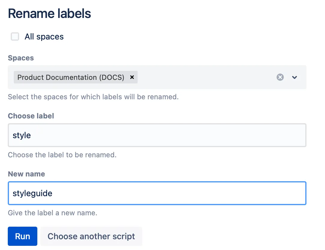 The Rename labels script with the specified details.