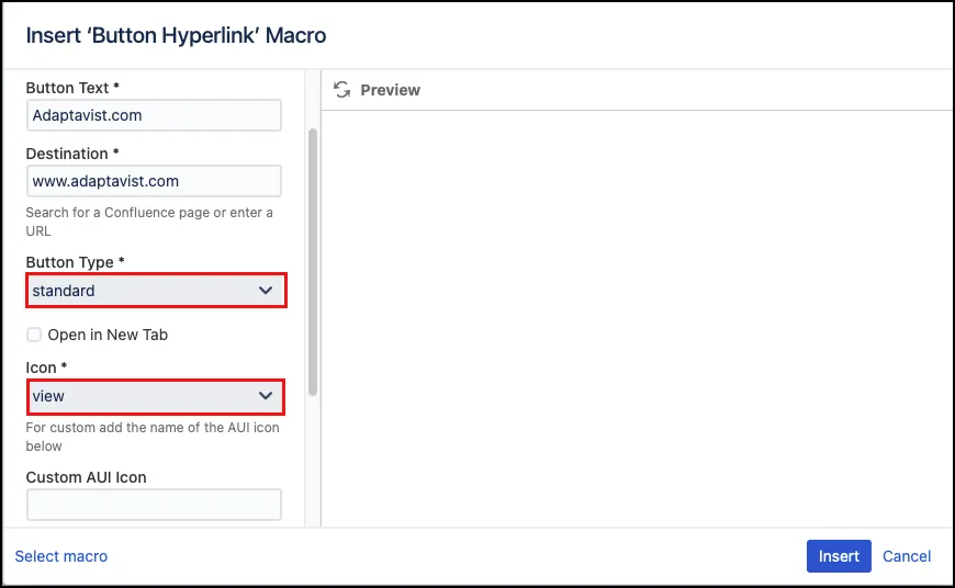 Macro editor settings for configuring a standard button with an icon