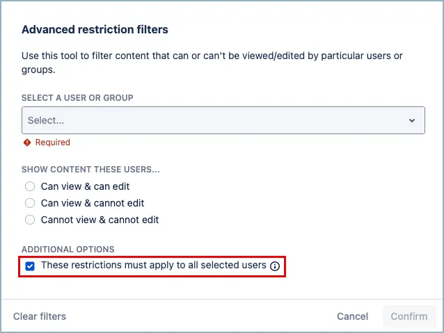 Advanced restriction filters menu with the "apply to all selected users" checkbox highlighted