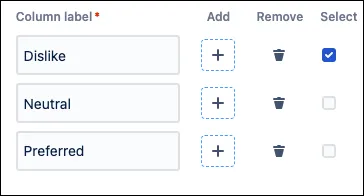 Radio matrix configuration showing three column label options: Dislike, Neutral, and Preferred