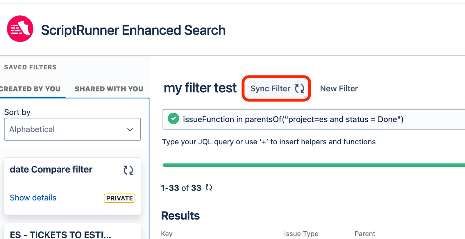 Enhanced Search app filter sync screen showing the Sync Filter button and status for the selected JQL filter.