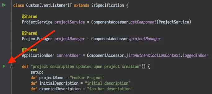 The "Run" icon, which looks like a small green triangle on the left side of the IntelliJ screen.