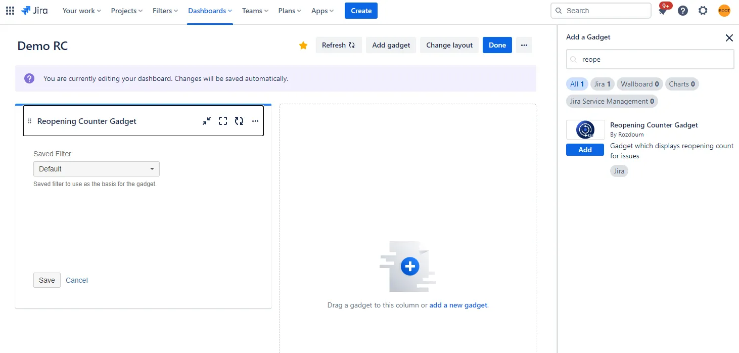 Dashboard edit mode showing the Reopening Counter gadget selected with the Add button highlighted