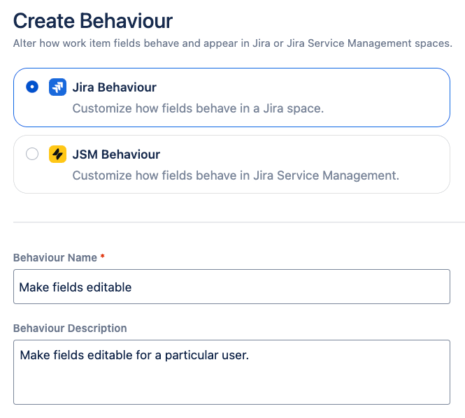 Create Behaviour screen in ScriptRunner Behaviours showing options to configure a new Jira Behaviour