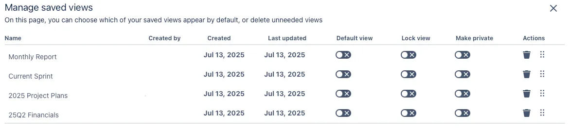 A screenshot showing the Manage Saved Views modal window.