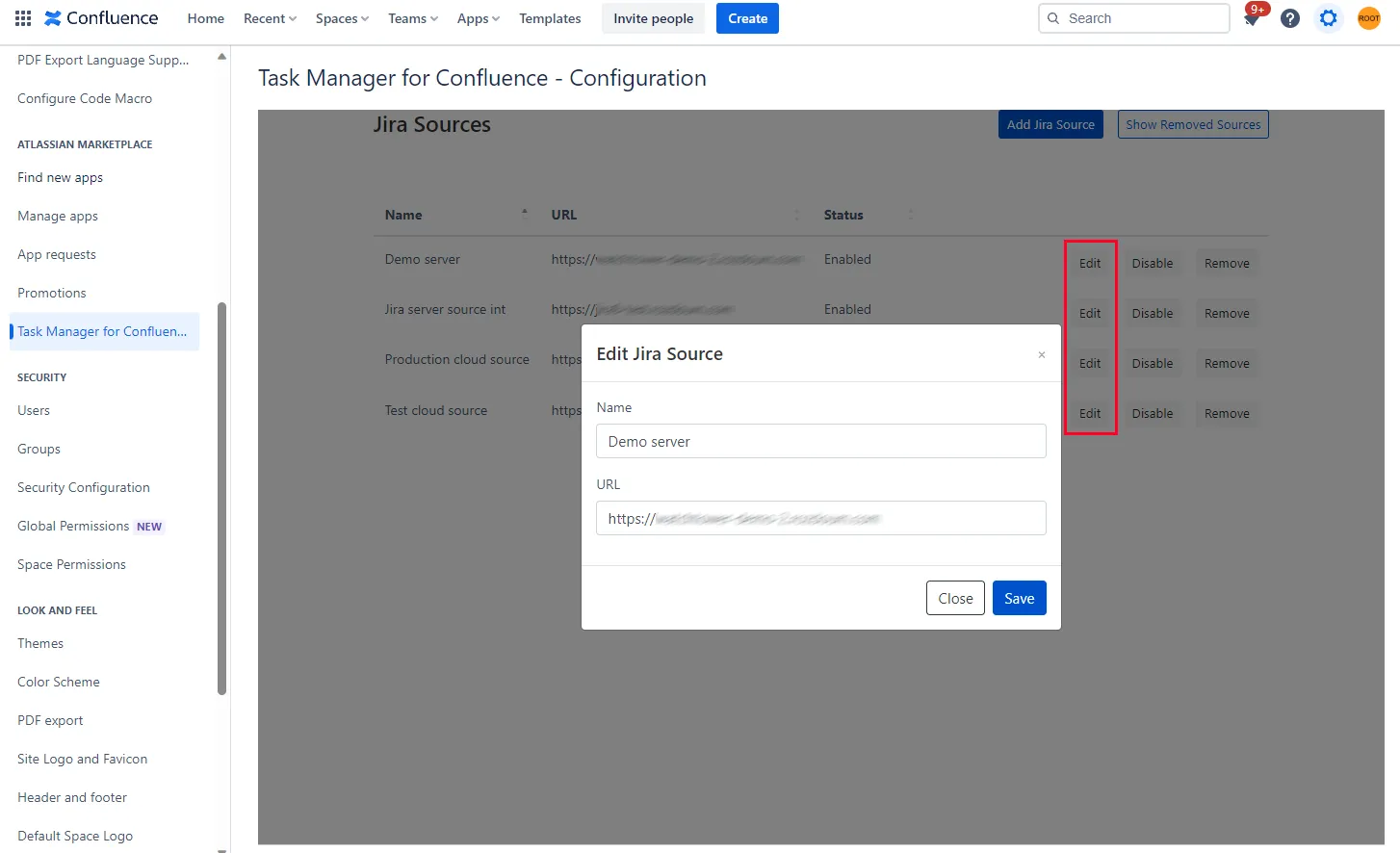 Task Manager for Confluence configuration screen showing the Save button for editing a source