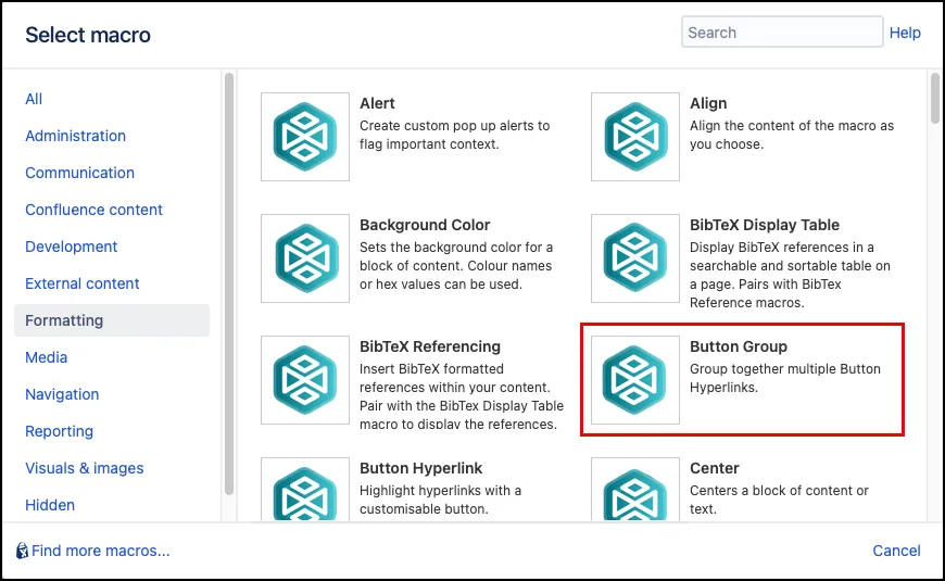 Macro Browser showing the Button Group macro selected