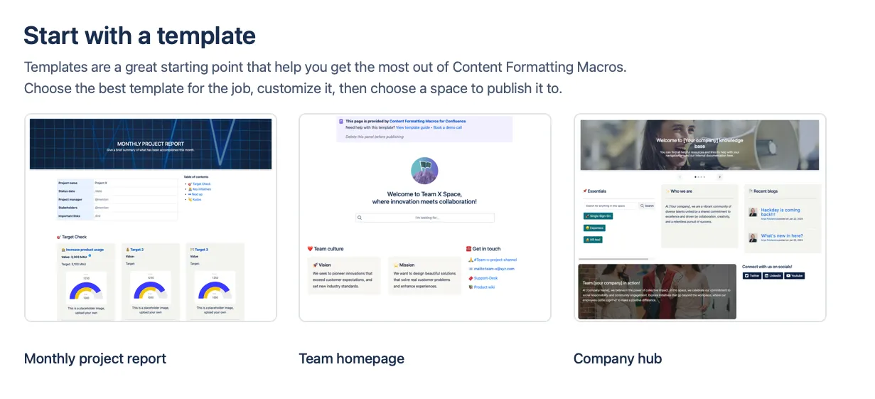 Confluence Mosaic homepage showing the “Start with a template” section and available template cards