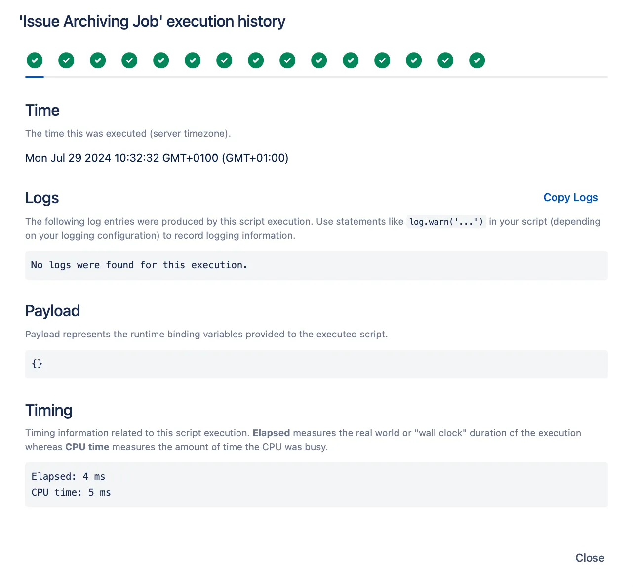 Image of execution history pop-up