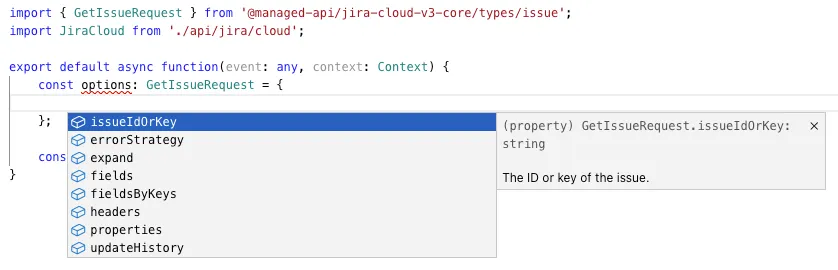 Code snippet showing a TypeScript function importing Jira APIs. A dropdown suggests options.