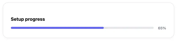 Example of a progress card layout showing a setup progress bar filled to 65% with a percentage label
