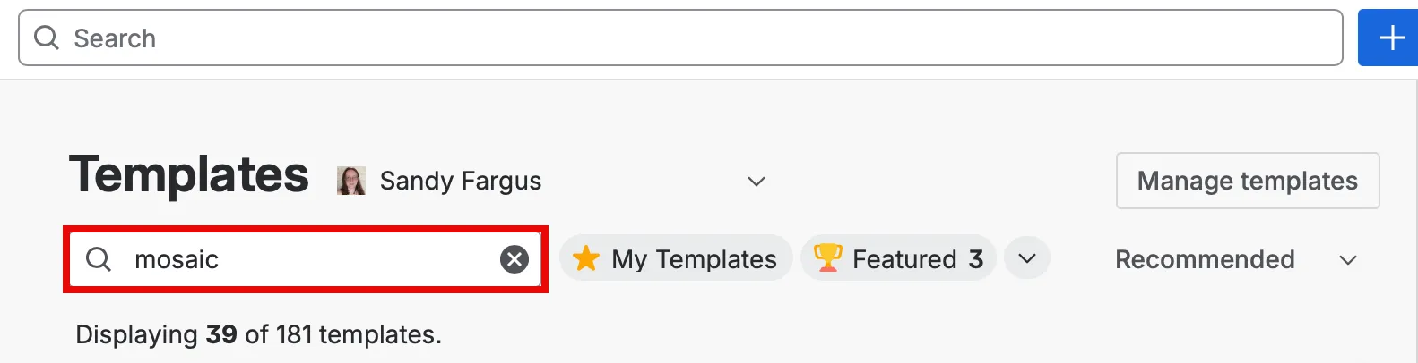 Template search results showing Mosaic templates highlighted instead of legacy Marketplace templates.