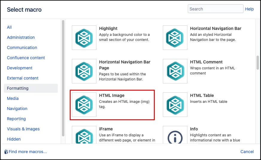 Selecting the HTML Image macro in the Confluence Macro Browser