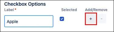 Form builder interface showing the Add button (+) option highlighted to add another checkbox choice.