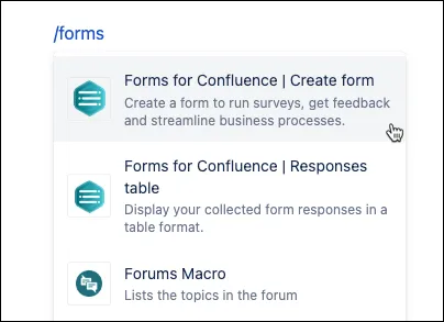 Confluence page editor showing the /forms command used to insert a form macro