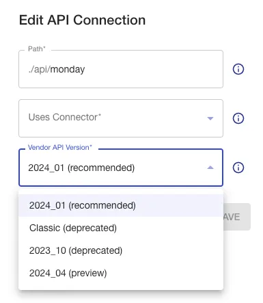 The options for editing an API Connection in the SRC app are shown.
