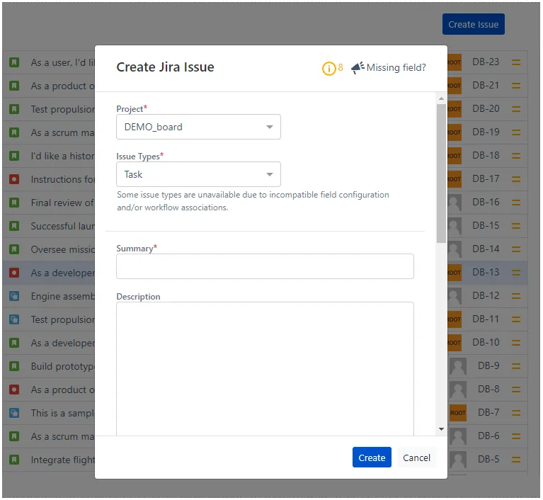 Create issue dialog in Task Manager for Confluence showing fields for project, issue type, and issue details
