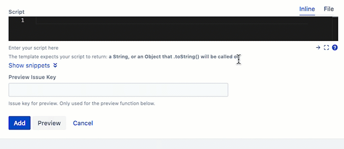 Snippets available for a custom script field showing example script options