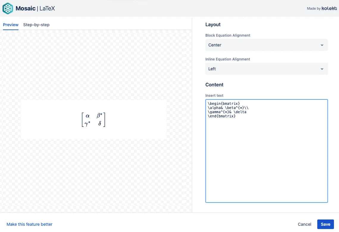 LaTeX editor with matrix example.