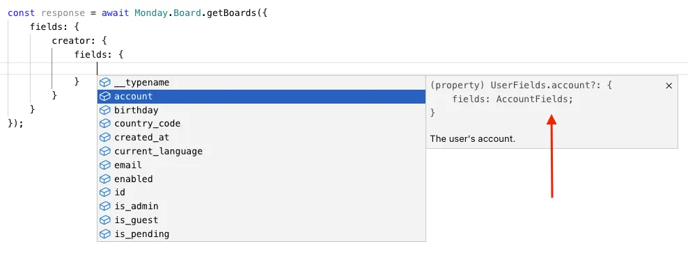 Code snippet showing a variable assignment in JavaScript with a dropdown menu listing fields like account, birthday, and email. A tooltip describes