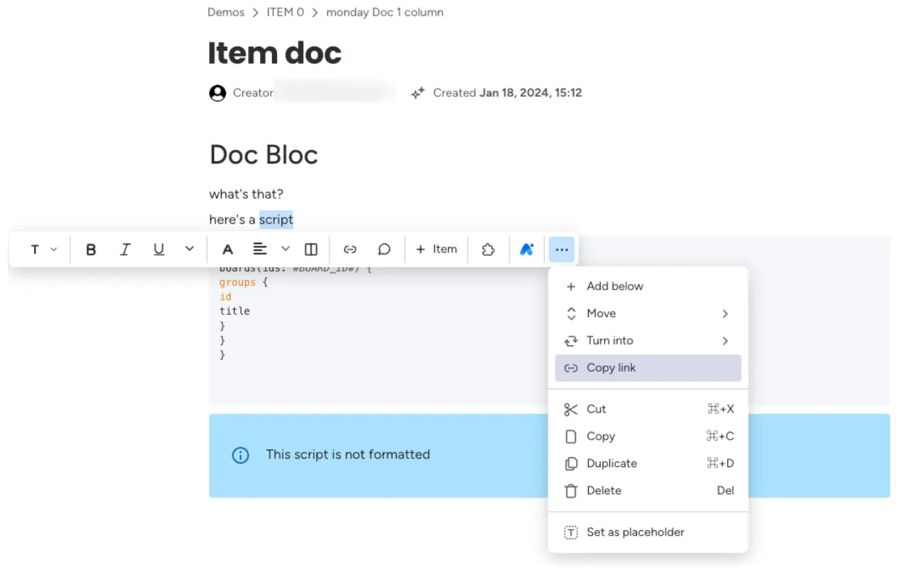 A screenshot of copying the link for the associated document block.