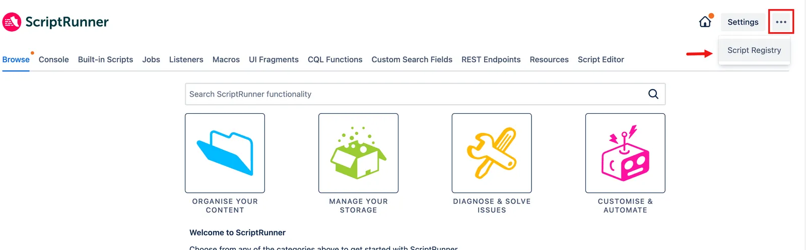 The Ellipsis menu and Script Registry button highlighted.