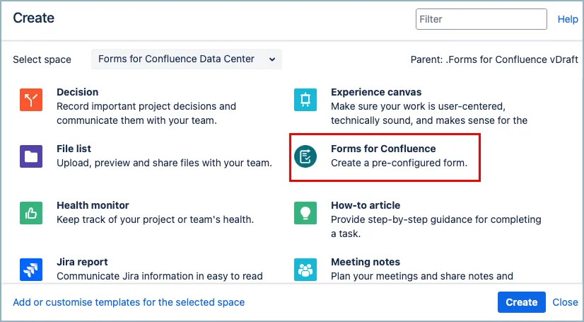 Confluence Forms for Confluence template selection dialog with template options listed