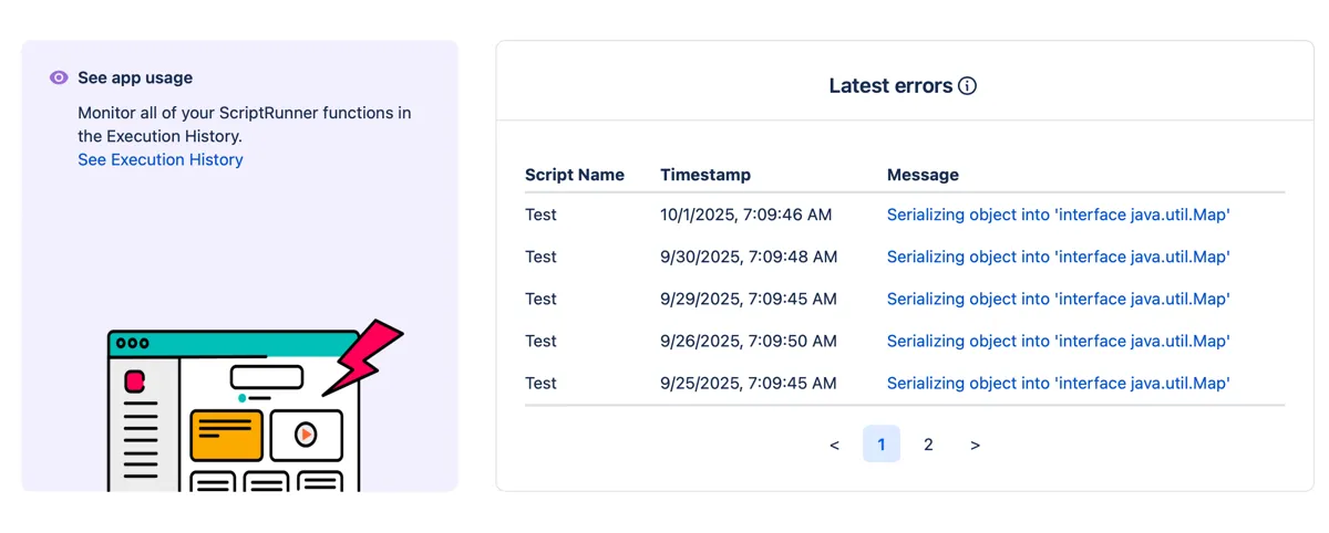 The Latest Errors shown in the Exection History.